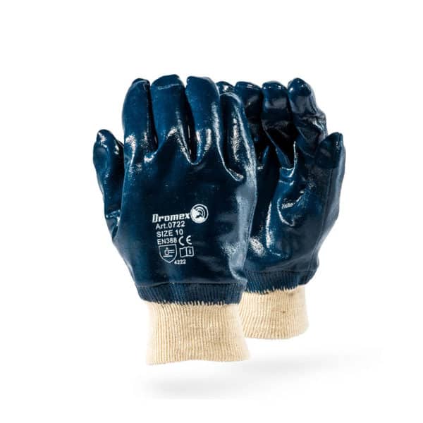 BLUE NITRILE COATED KNITTED WRIST GLOVES - HEAVY DUTY DURABILITY - SMOOTH FINISH