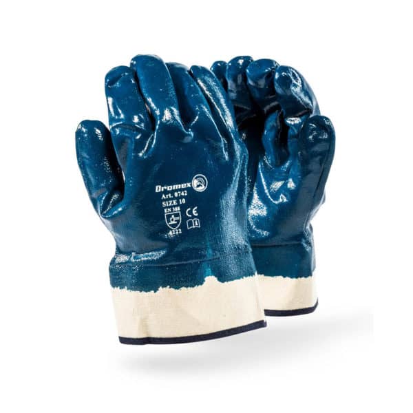 BLUE NITRILE COATED SAFETY CUFF GLOVES - HEAVY DUTY DURABILITY - SMOOTH FINISH
